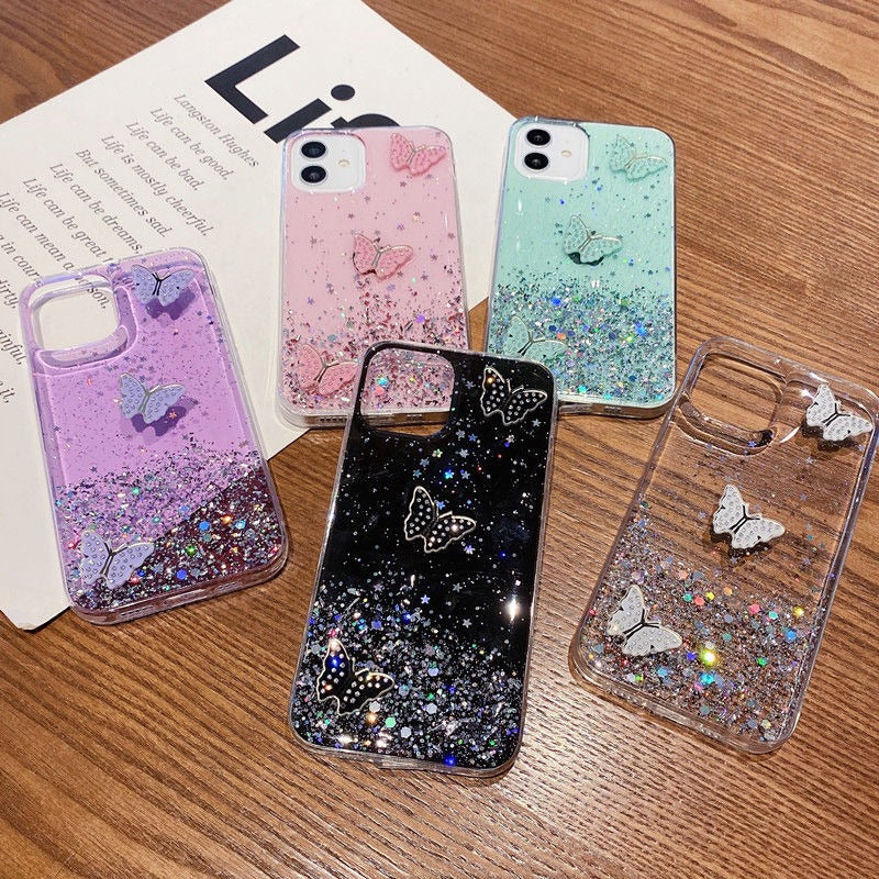 For iPhone 12 Cover Sequins Decor Epoxy Butterfly TPU Phone Case For iPhone 12 Cover Sequins Decor Epoxy Butterfly TPU Phone Case